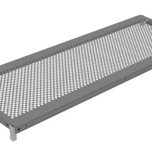 A rectangular, gray metal grate with a pattern of circular holes. The design is bordered by a solid metal frame, and it is seen against a plain white background.