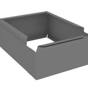 A 3D render of a gray rectangular box with open top and sides, featuring angled edges and a cut-out section at the base.