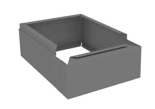 A 3D render of a gray rectangular box with open top and sides, featuring angled edges and a cut-out section at the base.