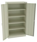 An open, beige metal storage cabinet with five empty shelves and two hinged doors. The doors have vertical ridges and a lock mechanism on one side. The cabinet is shown against a plain white background.