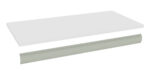 A white rectangular shelf and a light gray mounting bracket are displayed separately against a white background. The shelf is positioned above the bracket, highlighting their connection components.