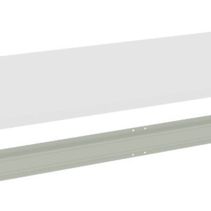 A white rectangular shelf and a light gray mounting bracket are displayed separately against a white background. The shelf is positioned above the bracket, highlighting their connection components.