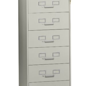 Tall, light gray metal filing cabinet with five drawers and label holders on each drawer. The cabinet has a lock on the right side near the top.