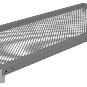 Rectangular metal wire shelf with perforated surface and slightly raised edges. It has a gray finish and angled corners, designed for adding to shelving units or racks.
