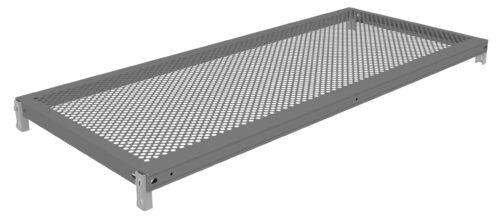 Rectangular metal wire shelf with perforated surface and slightly raised edges. It has a gray finish and angled corners, designed for adding to shelving units or racks.