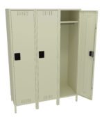 A beige three-compartment metal locker with one door open, revealing an empty interior with a top shelf and a hanging rod. The locker has ventilation slots on the top and bottom of each door.