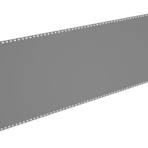 A long, rectangular strip of gray material with evenly spaced small holes along its top and bottom edges, floating against a white background.