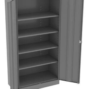 A tall, open, gray metal storage cabinet with two doors, featuring five shelves. The cabinet is empty, and the doors are fully open, revealing the shelving inside.