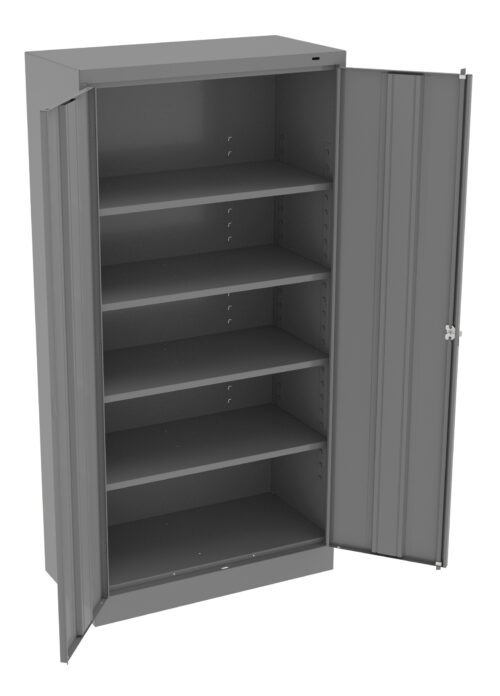 ruyhkqrvfr3hqhjfwvvz.jpg A tall, open, gray metal storage cabinet with two doors, featuring five shelves. The cabinet is empty, and the doors are fully open, revealing the shelving inside.
