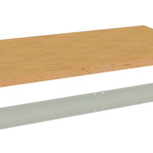 A light wooden tabletop and a gray metal bracket are shown separately on a white background. The tabletop has a smooth surface, and the metal bracket has pre-drilled holes for mounting.