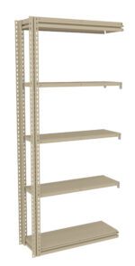 A beige, metal shelving unit with five empty shelves. The frame has perforated edges, and its designed for storage or organization. The shelves are evenly spaced, and the overall design is minimalistic and utilitarian.