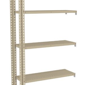 A beige, metal shelving unit with five empty shelves. The frame has perforated edges, and its designed for storage or organization. The shelves are evenly spaced, and the overall design is minimalistic and utilitarian.