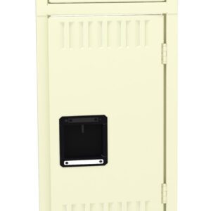 A vertical stack of three beige lockers with black handles and vents, placed against a white background. Each locker door appears identical, with a simple, utilitarian design.