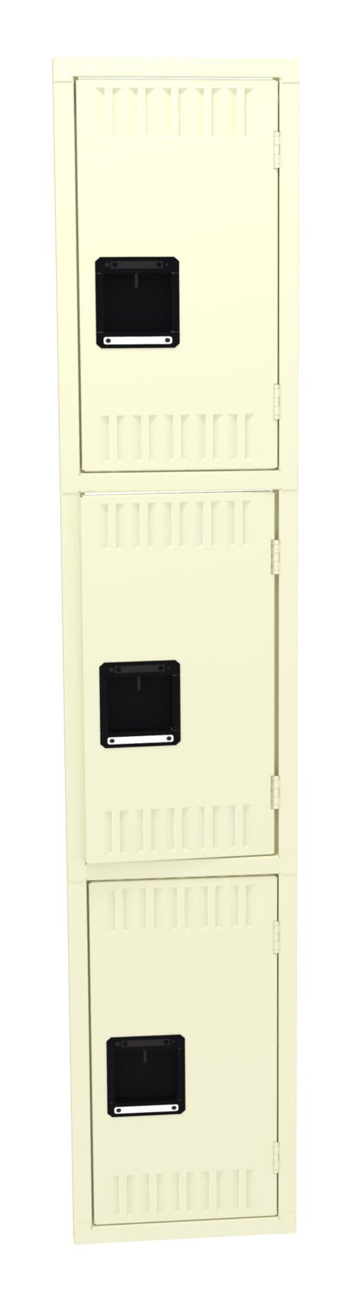 A vertical stack of three beige lockers with black handles and vents, placed against a white background. Each locker door appears identical, with a simple, utilitarian design.