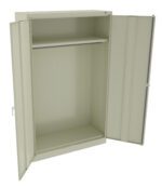 An open beige metal cabinet with two doors, revealing an empty interior. It has a single shelf halfway up and a clothing rod beneath it. The cabinet is standing on a flat surface.