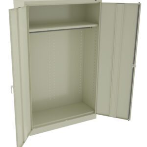 An open beige metal cabinet with two doors, revealing an empty interior. It has a single shelf halfway up and a clothing rod beneath it. The cabinet is standing on a flat surface.