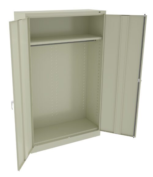 rvoxrobjtunoirxazqrv.jpg An open beige metal cabinet with two doors, revealing an empty interior. It has a single shelf halfway up and a clothing rod beneath it. The cabinet is standing on a flat surface.