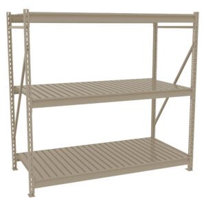 A beige, metal storage rack with three evenly spaced shelves. The design features vertical support beams and horizontal slats on each shelf, suitable for heavy-duty storage. The background is plain white.