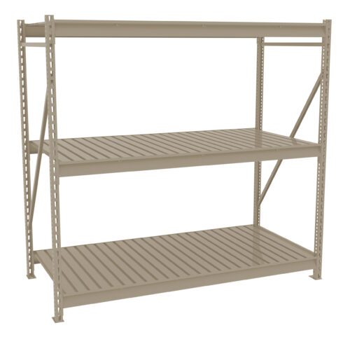 rvr3sr00yvxnomppmoww.jpg A beige, metal storage rack with three evenly spaced shelves. The design features vertical support beams and horizontal slats on each shelf, suitable for heavy-duty storage. The background is plain white.