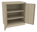 A beige metal cabinet with two open doors, revealing three shelves inside. The cabinet appears empty and is set against a plain white background.