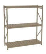 A beige metal shelving unit with three tiers, featuring slatted shelves and a sturdy frame. The design includes vertical supports and horizontal beams, suitable for storage in garages or warehouses. The background is plain white.