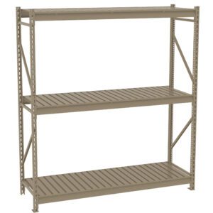 A beige metal shelving unit with three tiers, featuring slatted shelves and a sturdy frame. The design includes vertical supports and horizontal beams, suitable for storage in garages or warehouses. The background is plain white.