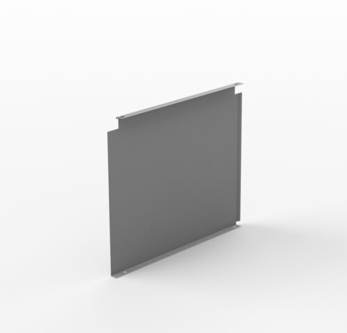 rwcp6v0f3yr9eduxgcvm.jpg A single, dark gray rectangular metal panel with two notches on the top edge, standing upright against a white background, casting a shadow on the surface.