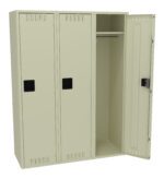 Three beige metal lockers are shown, one with its door open revealing an empty interior with a single shelf and a hanging rod. The other two lockers are closed. The lockers have ventilation slots on the doors.