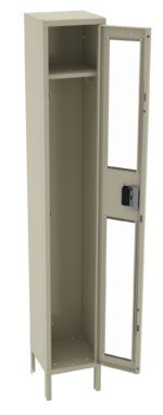 An open, tall metal locker with a shelf at the top and an open door on the right side. The locker is beige and stands on small legs. The door has two rectangular windows, and a lock is visible near the center.