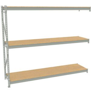 A metal storage rack with three wooden shelves, displayed against a plain white background. The frame is gray, and the shelves are evenly spaced, providing ample storage space.