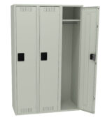 A set of three beige metal lockers with ventilation slots. The first two are closed, and the third locker is open, showing an empty interior with a hanging rod and shelf.