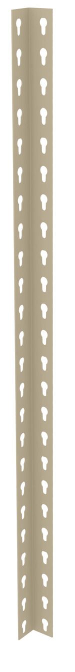 Beige L-shaped metal corner bead with evenly spaced circular and keyhole-shaped perforations along its length. Used in construction for reinforcing and protecting drywall corners.