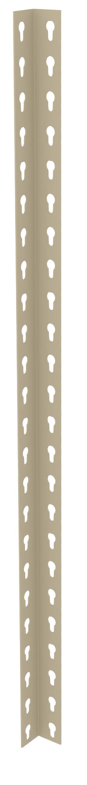 rwny2ra07oxveacxzlft.jpg Beige L-shaped metal corner bead with evenly spaced circular and keyhole-shaped perforations along its length. Used in construction for reinforcing and protecting drywall corners.