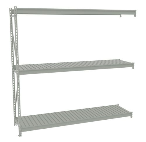 A grey, three-tiered metal shelving unit with slatted shelves is set against a white background. The shelves are supported by two vertical metal beams with holes for adjustable positioning. The unit is empty, displaying a minimalistic design.