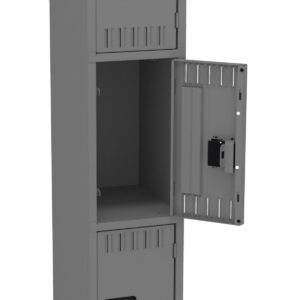 A tall, gray metal locker with three compartments, the middle door is open showing an empty interior. The locker has legs for elevation and ventilation slits on each door. There are handle-operated latches for securing each compartment.