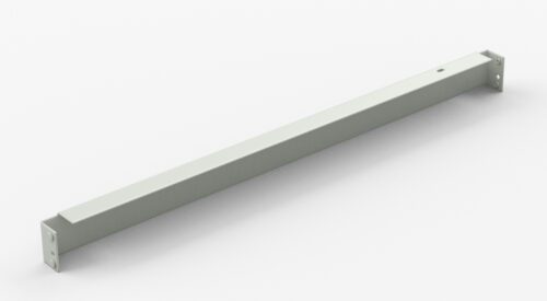 rxyimobmapptqiq7z3in.jpg A gray metal bracket with a rectangular cross-section laid horizontally on a white background. Each end has a flat mounting plate with screw holes.
