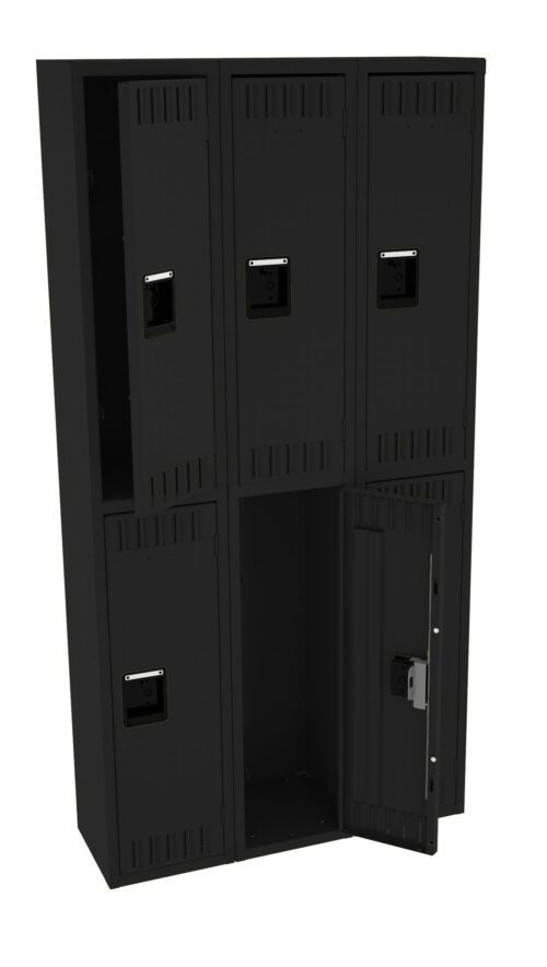 A black metal locker unit with six compartments, arranged in two rows of three. The locker on the lower right is open, revealing an empty interior. Each compartment has a rectangular latch for securing the door.