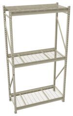 A metal shelving unit with three wire grid shelves, supported by vertical beams with holes for adjustable shelf placement. The structure is gray and utilitarian, suitable for garage or warehouse storage.