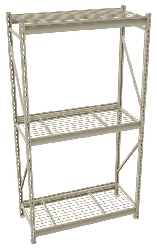 A metal shelving unit with three wire grid shelves, supported by vertical beams with holes for adjustable shelf placement. The structure is gray and utilitarian, suitable for garage or warehouse storage.