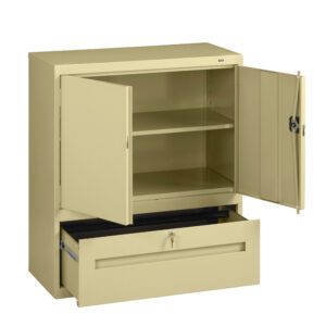 A beige metal storage cabinet with two open doors revealing two shelves inside. Below, there is an open drawer. The cabinet has a simple, industrial design and a keyhole on one door for locking.