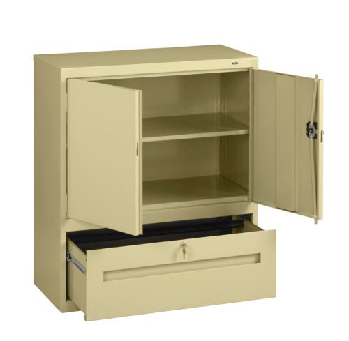 rybm33jfnuxkd8i5z2w8.jpg A beige metal storage cabinet with two open doors revealing two shelves inside. Below, there is an open drawer. The cabinet has a simple, industrial design and a keyhole on one door for locking.