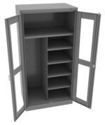 A gray, metal storage cabinet with two open glass-paneled doors. The interior features several adjustable shelves on the right and a larger space on the left for taller items.