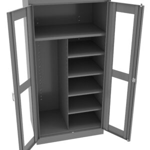 A gray, metal storage cabinet with two open glass-paneled doors. The interior features several adjustable shelves on the right and a larger space on the left for taller items.
