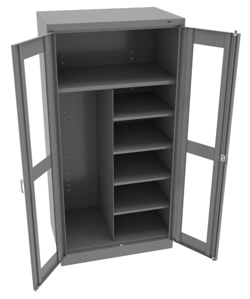 rycaxvxdpkec6ddxxo47.jpg A gray, metal storage cabinet with two open glass-paneled doors. The interior features several adjustable shelves on the right and a larger space on the left for taller items.