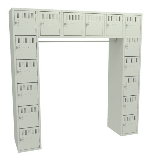 A U-shaped metal locker unit with a pale green finish. It has two vertical columns on the sides and a horizontal row on top, each containing several small lockable compartments with ventilation slots.