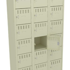 A beige metal locker unit with four columns, each containing five individual locker doors. One door in the second column, third row, is open, revealing an empty compartment.
