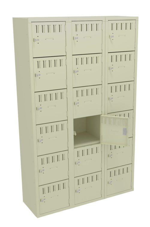ryr00p17stsbz5oiwqpj.jpg A beige metal locker unit with four columns, each containing five individual locker doors. One door in the second column, third row, is open, revealing an empty compartment.