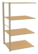 Metal shelving unit with four wooden shelves, designed for storage or organizing items. The frame is metallic gray, and the shelves have a natural wood finish. The structure is open on all sides, showing its simple and functional design.