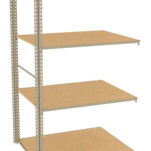 Metal shelving unit with four wooden shelves, designed for storage or organizing items. The frame is metallic gray, and the shelves have a natural wood finish. The structure is open on all sides, showing its simple and functional design.