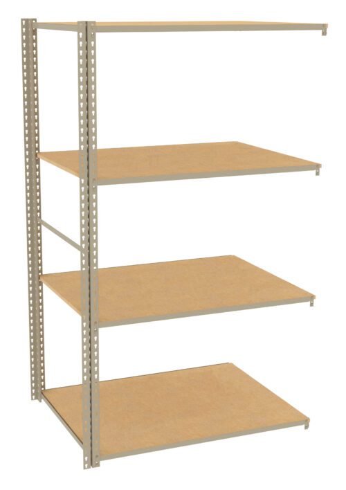 Metal shelving unit with four wooden shelves, designed for storage or organizing items. The frame is metallic gray, and the shelves have a natural wood finish. The structure is open on all sides, showing its simple and functional design.